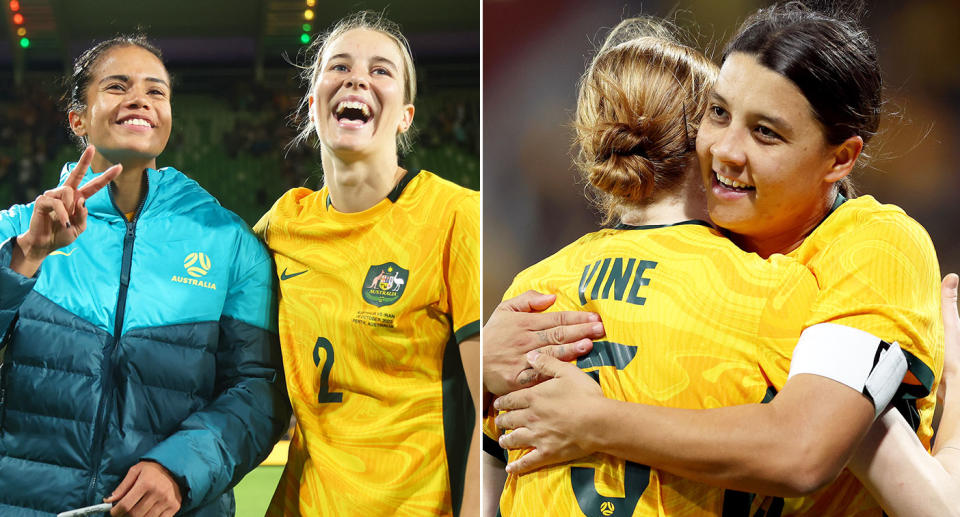 Mary Fowler (far left) and Sam Kerr both came off the bench to inspire the Matildas in a 2-0 victory over Iran. Pic: Getty