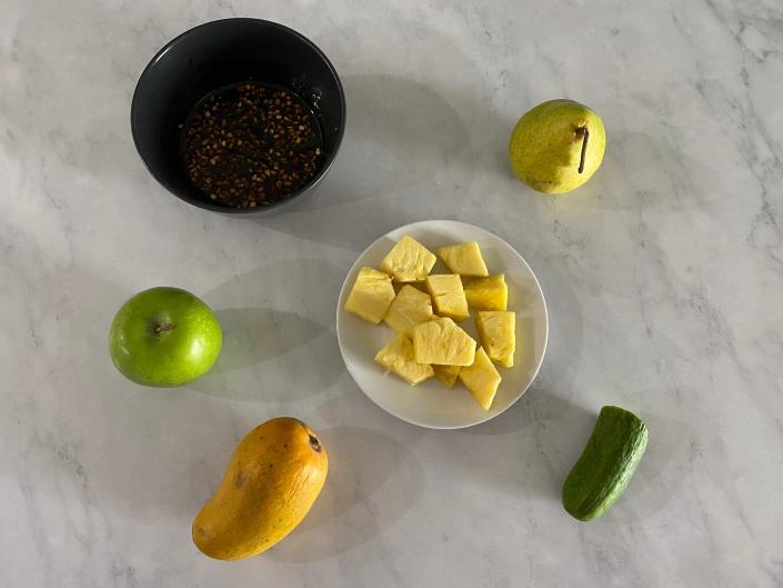 The ingredients laid out for Gordon Ramsay's fruit salad