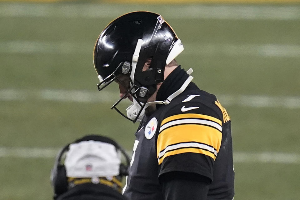 Pittsburgh Steelers quarterback Ben Roethlisberger (7) stands on the sideline after throwing an interception during the second half of an NFL wild-card playoff football game against the Cleveland Browns, Sunday, Jan. 10, 2021, in Pittsburgh. (AP Photo/Keith Srakocic)