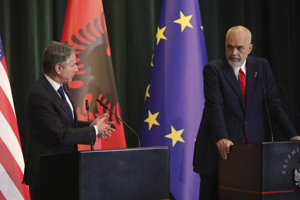 U.S. Secretary of State Antony Blinken, left, and Albania's Prime Minister Edi Rama hold a press conference in Tirana, Albania, Thursday, Feb. 15, 2024. Blinken visits Albania to reaffirm Washington's relations with a key partner in the Western Balkan region and an ally in supporting Ukraine's sovereignty and territorial integrity. (AP Photo/Armando Babani, Pool)