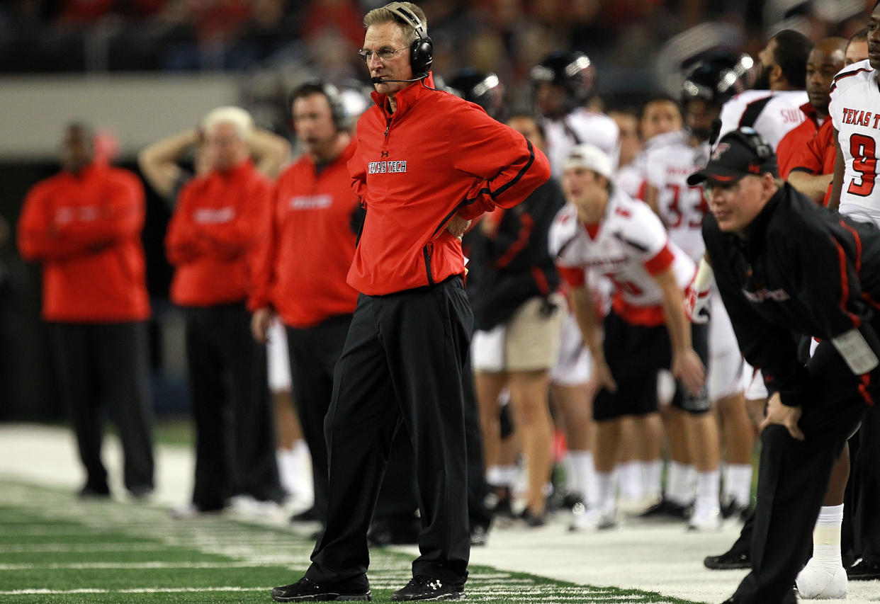 Tommy Tuberville of the Texas Tech Red Raiders at Cowboys Stadium on November 26, 2011 in Arlington, Texas. (Photo by Ronald Martinez/Getty Images)