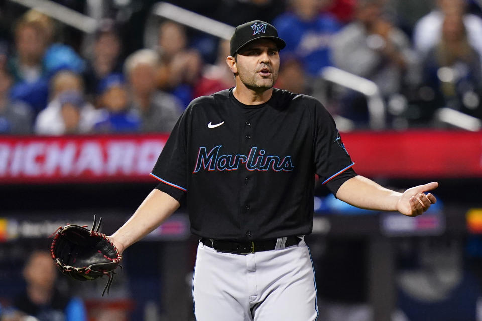 Miami Marlins relief pitcher Richard Bleier reacts to a balk call during the eighth inning of the team's baseball game against the New York Mets on Tuesday, Sept. 27, 2022, in New York. (AP Photo/Frank Franklin II)