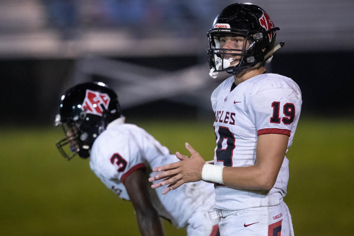 North Florida Christian quarterback JP Pickles (19) waits for the snap during a game between NFC and Jefferson County High School in Monticello Friday, Sept. 10, 2021. 