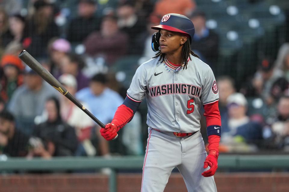 Washington Nationals shortstop CJ Abrams (5) bats against the San Francisco Giants during an April 9, 2024 game at Oracle Park.