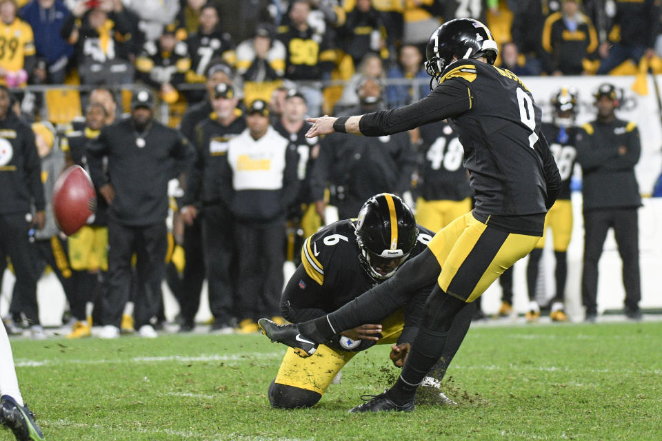 Pittsburgh Steelers kicker Chris Boswell (9) kicks a field goal to defeat the Seattle Seahawks in overtime of an NFL football game, Monday, Oct. 18, 2021, in Pittsburgh. The Steelers won 23-20. (AP Photo/Don Wright)