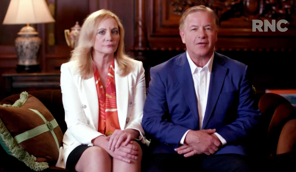 CHARLOTTE, NC - AUGUST 24: (EDITORIAL USE ONLY) In this screenshot from the RNC’s livestream of the 2020 Republican National Convention, Patricia and Mark McCloskey, a couple from St. Louis who pointed guns at Black Lives Matter protesters, addresses the virtual convention in a pre-recorded video broadcasted on August 24, 2020.  The convention is being held virtually due to the coronavirus pandemic but will include speeches from various locations including Charlotte, North Carolina and Washington, DC. (Photo Courtesy of the Committee on Arrangements for the 2020 Republican National Committee via Getty Images)