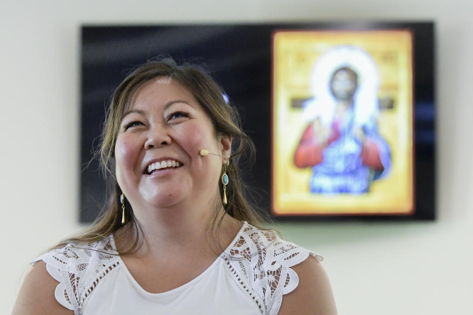 Pastor Juliet Liu of Life on the Vine church speaks during a congregational meeting in Long Grove, Ill., on Sunday, May 22, 2022. “Earlier, I thought it was my responsibility to change people’s minds on how racism connects to the gospel. Now I realize I’m not responsible for how white people in my church understand and respond to racial justice. I simply cannot do that work for them.” (AP Photo/Mark Black)