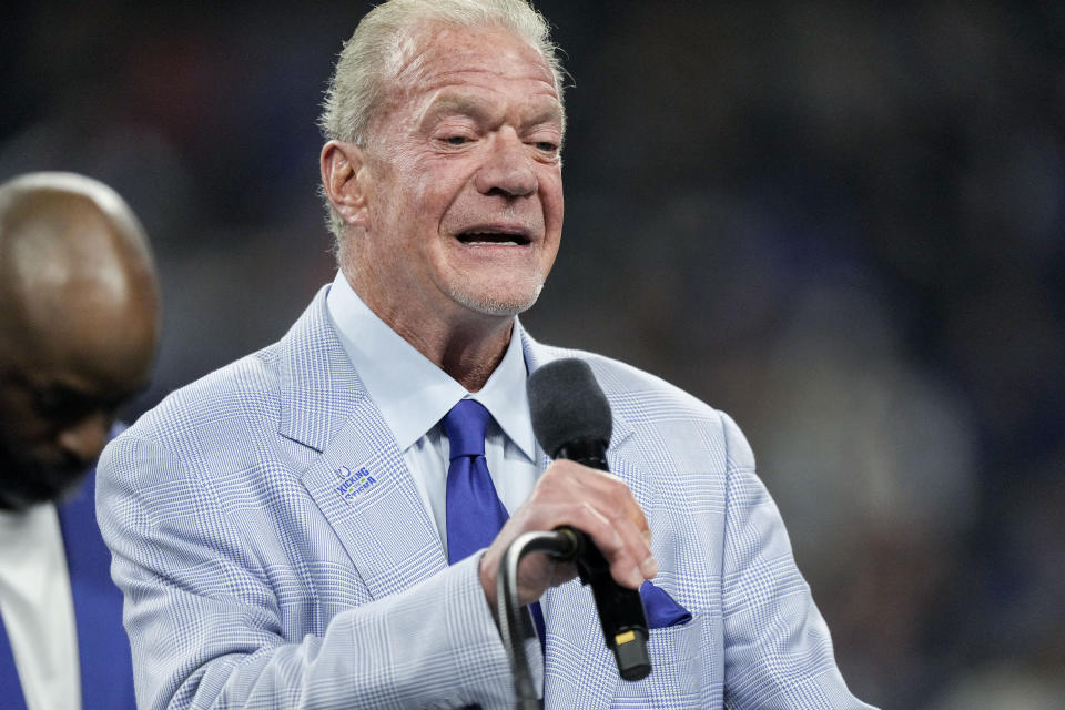 Oct 30, 2022; Indianapolis, Indiana, USA; Indianapolis Colts owner Jim Irsay speaks at a Ring of Honor induction ceremony for Tarik Glenn on Sunday, Oct. 30, 2022, during a game against the Washington Commanders at Indianapolis Colts at Lucas Oil Stadium in Indianapolis. Mandatory Credit: Max Gersh/IndyStar-USA TODAY Sports