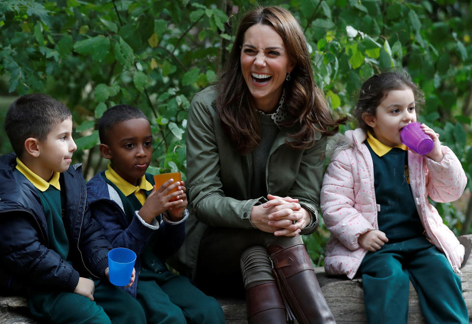 Kate, pictured at Sayers Croft Forest School in October 2018, took six months' maternity leave following the birth of Prince Louis [Photo: Getty]