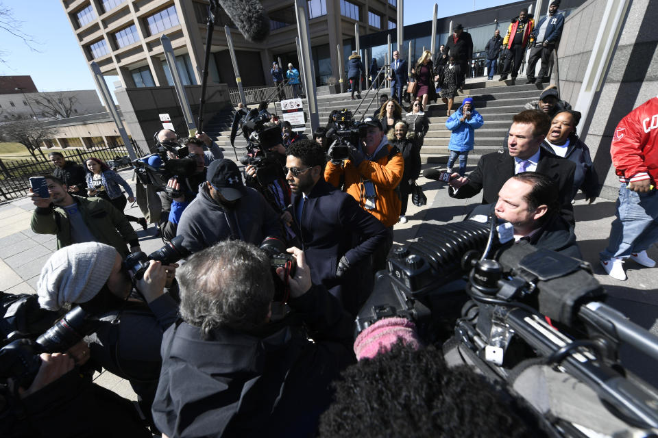 Smollett leaves the Leighton Criminal Courthouse in Chicago on Tuesday. Source: AP