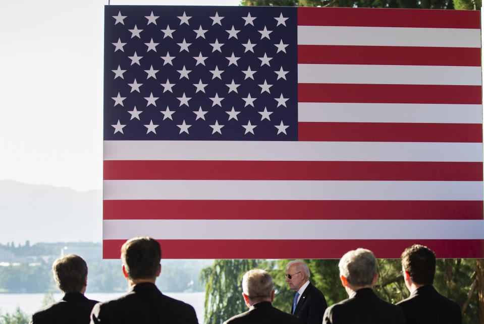 US President Joe Biden arrives for his closing press conference at the end of the US - Russia summit in Geneva, Switzerland, Wednesday, June 16, 2021. (Peter Klaunzer/Keystone via AP, Pool)