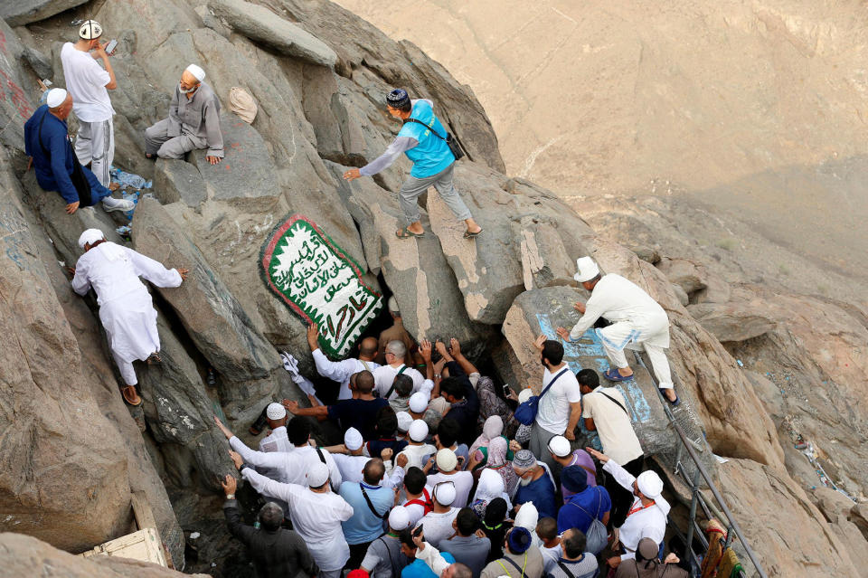 Muslim pilgrims visit the Hera cave cave at the top of Mount Al-Noor