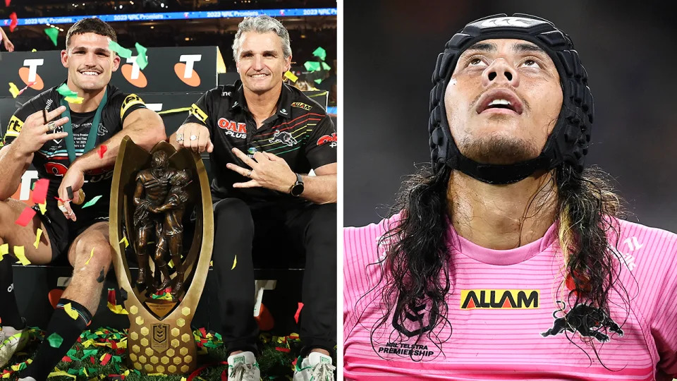 Nathan Cleary (pictured left) and Jarome Luai (pictured right) are set to run out in a pink jersey in the grand final this weekend for the first time in NRL history. (Getty Images)