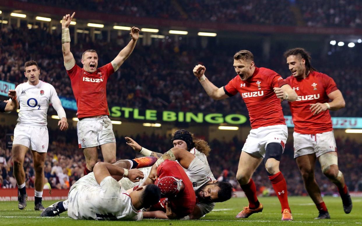 Wales celebrate Cory Hill's second-half try - PA