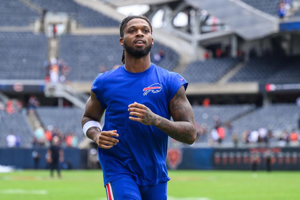 Aug 26, 2023; Chicago, Illinois, USA; Buffalo Bills safety Damar Hamlin (3) runs off the field after a game against the Chicago Bears at Soldier Field. Mandatory Credit: Daniel Bartel-USA TODAY Sports