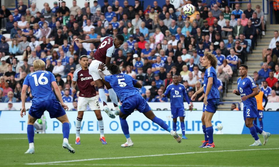 <span>Jhon Durán climbs above the Leicester defence to score for Aston Villa.</span><span>Photograph: Craig Brough/Action Images/Reuters</span>