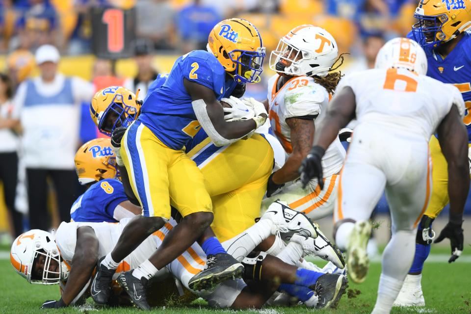 Pittsburgh running back Israel Abanikanda (2) runs the ball during the second half of a game between the Tennessee Volunteers and Pittsburgh Panthers in Acrisure Stadium in Pittsburgh, Saturday, Sept. 10, 2022. Tennessee defeated Pitt 34-27 in overtime.