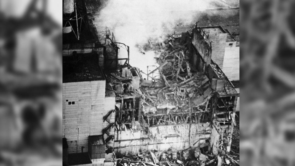 A black and white photo of the Chernobyl reactor after the explosion on April 26, 1986.