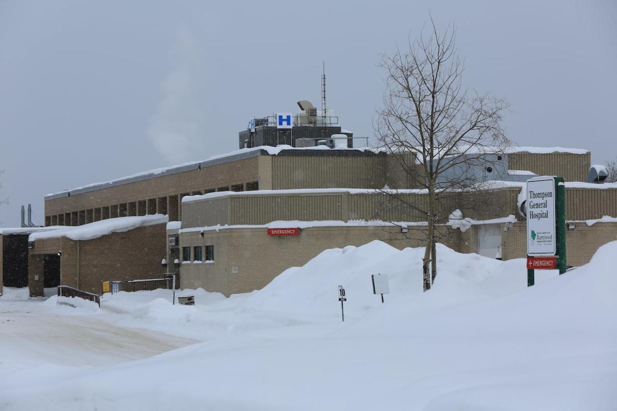 Thompson General Hospital, shown here in a 2021 photo,  lost a lab technologist in late December, meaning the two remaining staff have been pulling long hours and have often been on call when not at the hospital, their union says. (Tyson Koschik/CBC - image credit)