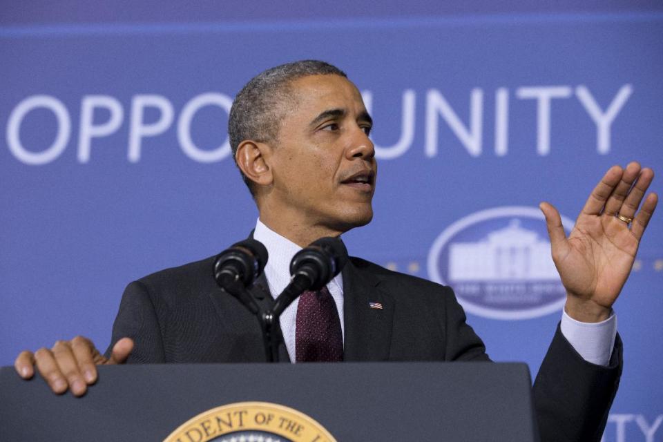 President Barack Obama speaks about his ConnetED goal of connecting 99% of students to next generation broadband and wireless technology within five years, Tuesday, Feb. 4, 2014, at Buck Lodge Middle School in Adelphi, Md. (AP Photo/Jacquelyn Martin)