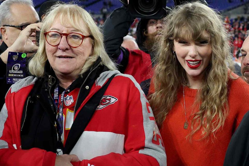 <p> Patrick Smith/Getty</p> Taylor Swift and Donna Kelce celebrate the Chiefs Super Bowl win