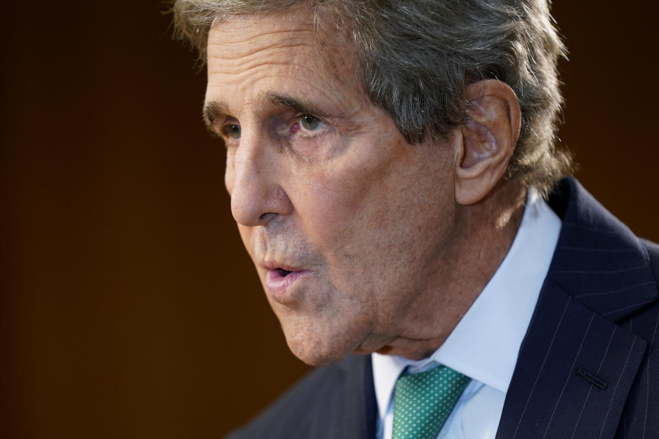 John Kerry, United States Special Presidential Envoy for Climate, speaks during an interview with The Associated Press, Wednesday, Oct. 13, 2021, at the U.S. State Department in Washington. (AP Photo/Patrick Semansky)