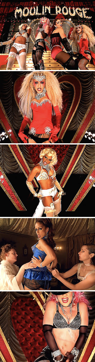 Aguilera, Mýa, Pink, and Lil' Kim dancing in their "Lady Marmalade" music video