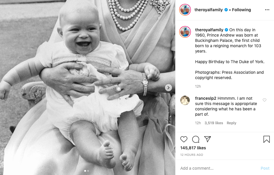 Screenshot of royal birthday tribute to Prince Andrew