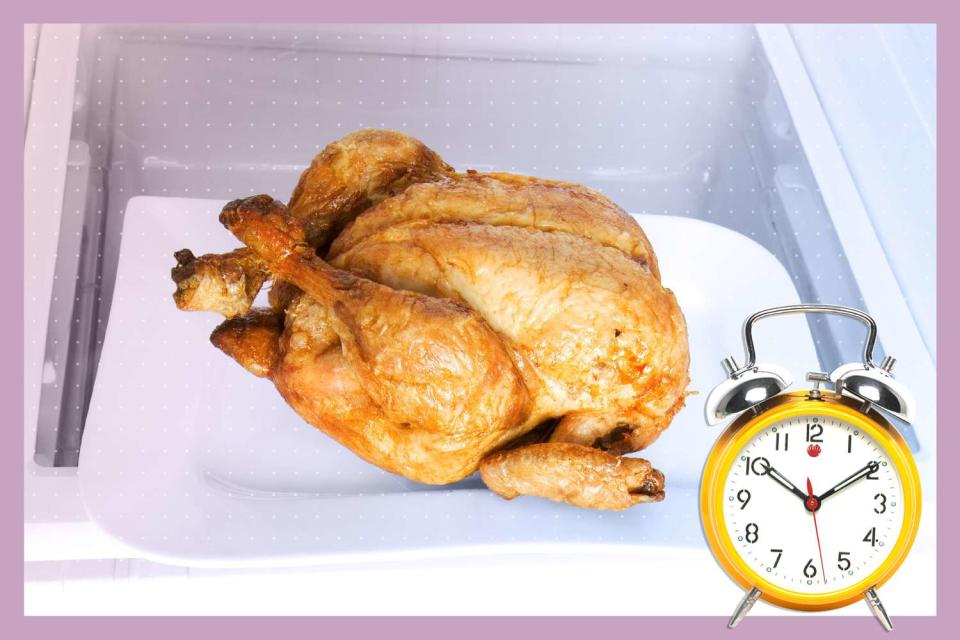 cooked chicken and alarm clock on designed background