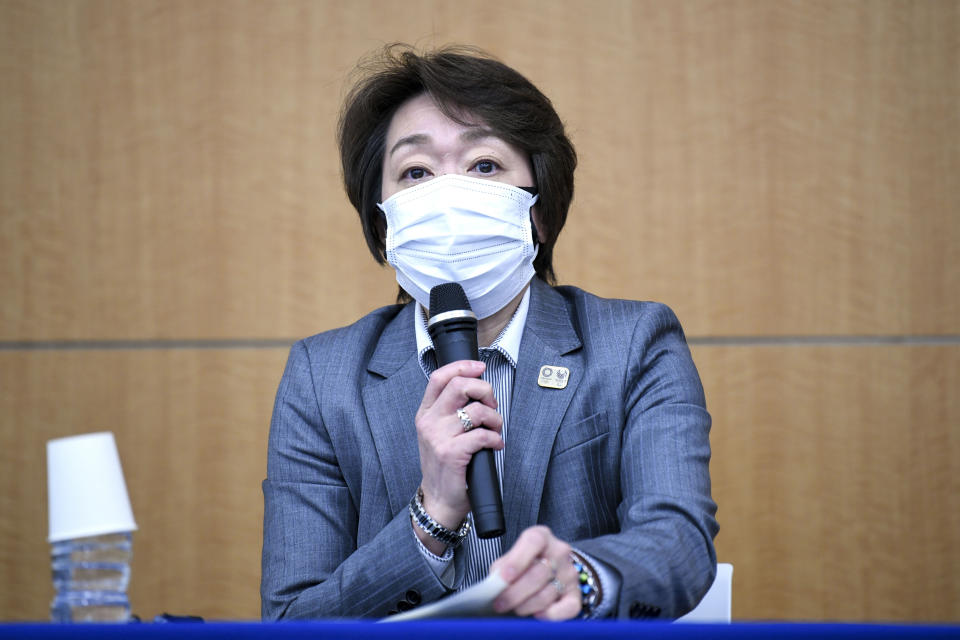 Seiko Hashimoto, president of the Tokyo 2020 Organizing Committee of the Olympic and Paralympic Games, speaks during a press conference regarding its creative director's comments about a well-known female celebrity, in Tokyo Thursday, March 18, 2021. Tokyo Olympics creative director Hiroshi Sasaki is resigning after making demeaning the comments. Sasaki was in charge of the opening and closing ceremonies for the Olympics, which are to begin on July 23. Last year he told planning staff members that well-known entertainer Naomi Watanabe could perform in the ceremony as an “Olympig.” (Kazuhiro Nogi/Pool Photo via AP)