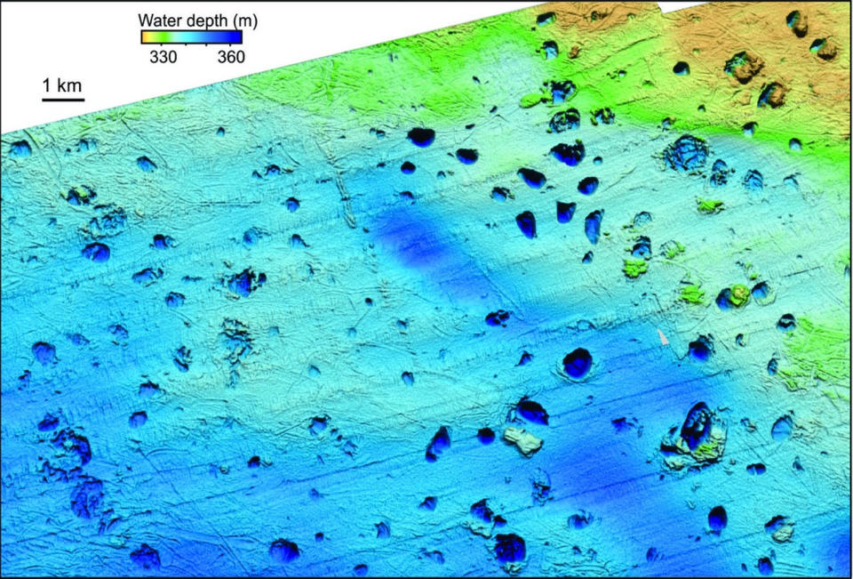 Hundreds of craters dot an area of 170 square miles (440 square kilometers) in the Barents Sea. More than 100 of those are more than 0.6 miles (1 km) wide. <cite>K. Andreassen/CAGE</cite>