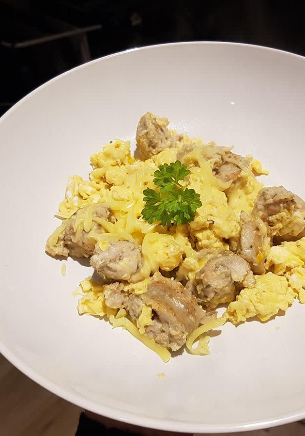 Breakfast on day one: scrambled eggs, turkey sausage and smoked gouda cheese. Photo: Sarah Carty