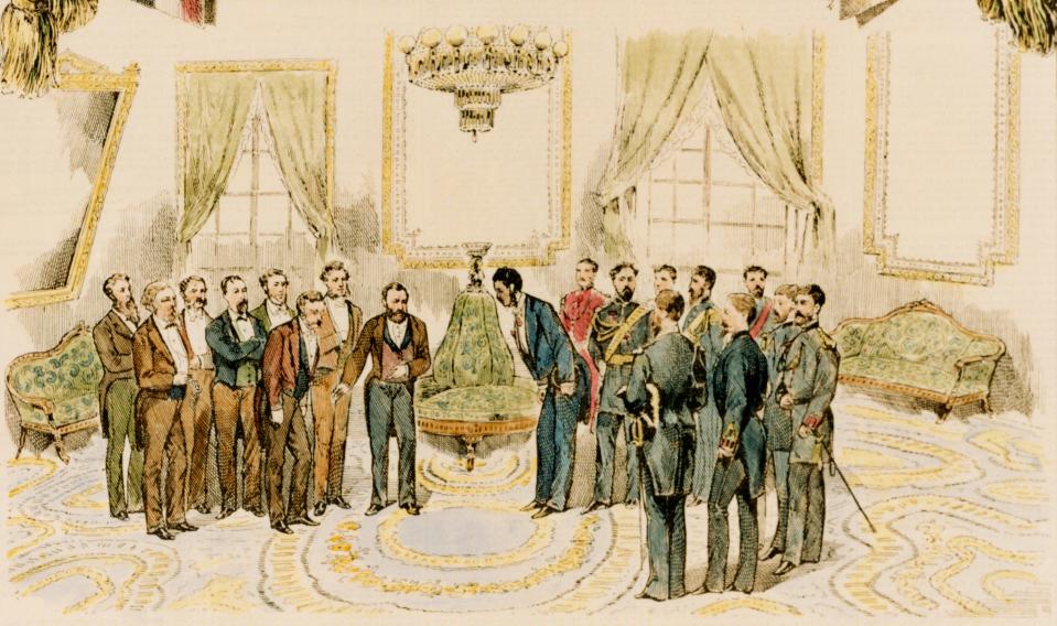 This is an engraving of King Kalakaua of Hawaii visiting President Ulysses S. Grant on December 15, 1874. Both men greet each other with a small bow in the Blue Room.