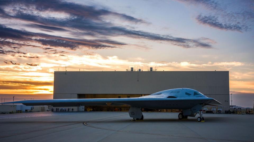 The Air Force's first B-21 Raider is shown at Plant 42 in Palmdale, California, where Northrop Grumman is building the service's new stealth bomber fleet. (Air Force)