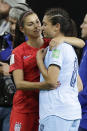 United States'Alex Morgan hugs Thailand's Miranda Nild at the end of the Women's World Cup Group F soccer match between United States and Thailand at the Stade Auguste-Delaune in Reims, France, Tuesday, June 11, 2019. United States beat Thailand 13-0. (AP Photo/Alessandra Tarantino)