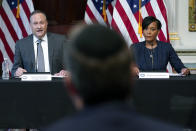 Doug Emhoff, left, the husband of Vice President Kamala Harris, speaks during a roundtable discussion with Jewish leaders about the rise in antisemitism and efforts to fight hate in the United States in the Indian Treaty Room in the Eisenhower Executive Office Building on the White House Campus in Washington, Wednesday, Dec. 7, 2022. Sitting alongside Emhoff is Keisha Lance Bottoms, Senior Advisor to the President for Public Engagement. (AP Photo/Patrick Semansky)