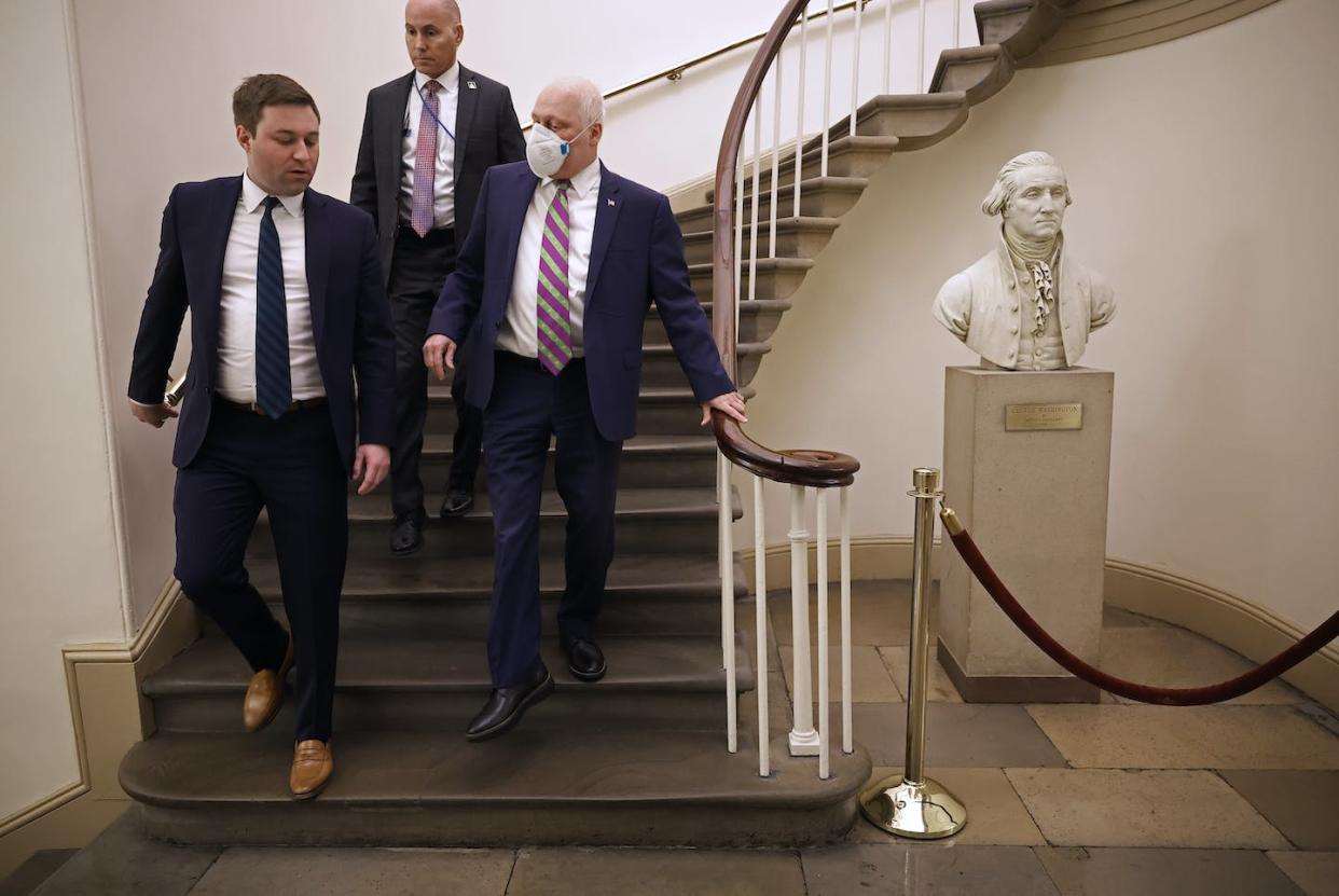 House Majority Leader Steve Scalise (R-LA), right, leaves the U.S. Capitol after the House voted to impeach Homeland Security Secretary Alejandro Mayorkas on February 13, 2024 in Washington, DC. <a href="https://www.gettyimages.com/detail/news-photo/house-majority-leader-steve-scalise-leaves-the-u-s-capitol-news-photo/2008968265?adppopup=true" rel="nofollow noopener" target="_blank" data-ylk="slk:Chip Somodevilla/Getty Images;elm:context_link;itc:0;sec:content-canvas" class="link ">Chip Somodevilla/Getty Images</a>