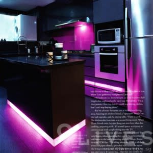 Magazine image of 9 Lives kitchen, with glowing purple bands