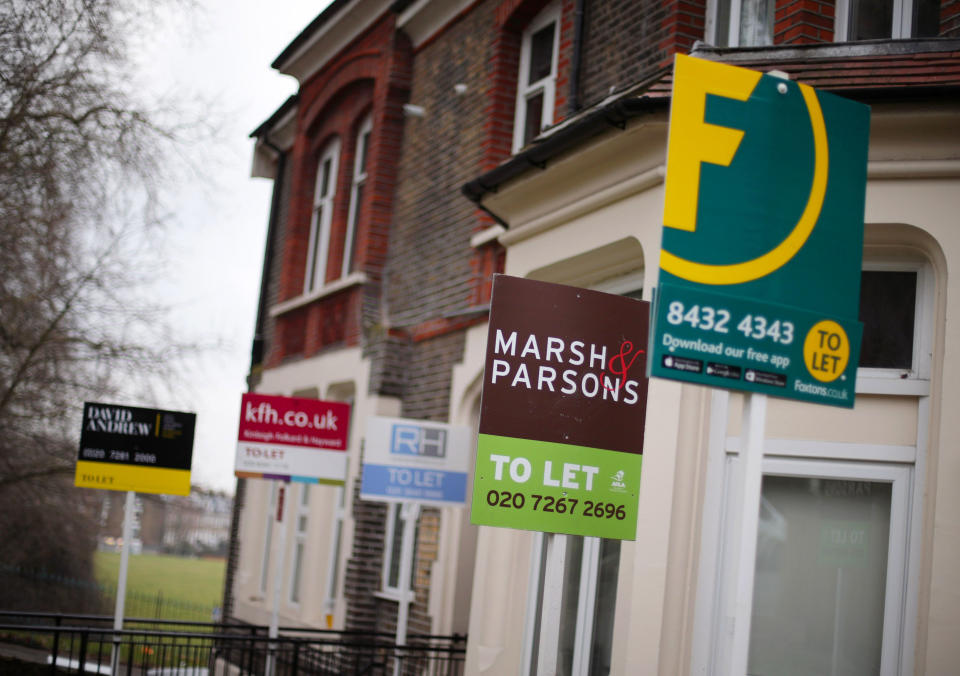 EMBARGOED TO 0001 MONDAY APRIL 27 File photo dated 08/02/17 of a row of To Let estate agent signs placed outside houses in north London. Seven in 10 renters whose tenancies were up for renewal stayed put in March, the highest proportion for that time of year since 2008, according to an index.