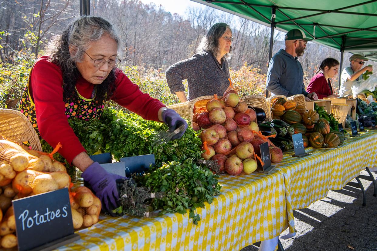 June Advincula, a volunteer with Bounty & Soul, adjusts bunches of herbs before the community market opens in Black Mountain, November 14, 2023.