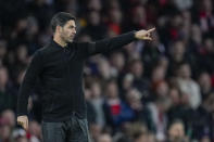 Arsenal's manager Mikel Arteta gives instructions to his players during the English Premier League soccer match between Arsenal and Chelsea at Emirates Stadium in London, Tuesday, April 23, 2024. (AP Photo/Kin Cheung)