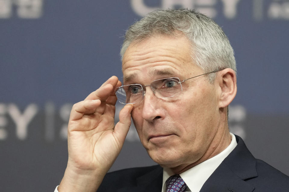 NATO Secretary-General Jens Stoltenberg adjusts his glasses at the CHEY Institute in Seoul, South Korea, Monday, Jan. 30, 2023. (AP Photo/Lee Jin-man)