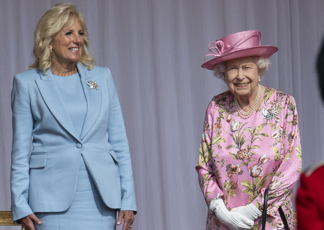 WINDSOR, ENGLAND - JUNE 13: Queen Elizabeth II and First Lady Jill Biden at Windsor Castle on June 13, 2021 in Windsor, England.  Queen Elizabeth II hosts US President, Joe Biden and First Lady Dr Jill Biden at Windsor Castle. The President arrived from Cornwall where he attended the G7 Leader's Summit and will travel on to Brussels for a meeting of NATO Allies and later in the week he will meet President of Russia, Vladimir Putin. (Photo by Mark Cuthbert - Pool/UK Press via Getty Images)