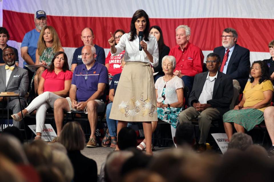 U.S. presidential hopeful Nikki Haley speaks to a crowd Monday, Aug. 28, 2023 in Indian Land, S.C.