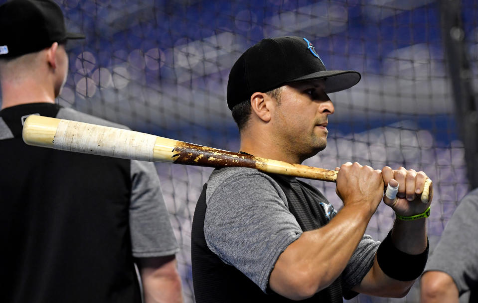 Aug 14, 2019; Miami, FL, USA; Miami Marlins first baseman Martin Prado (14) looks on during batting practice before a game against the Los Angeles Dodgers at Marlins Park. Mandatory Credit: Steve Mitchell-USA TODAY Sports