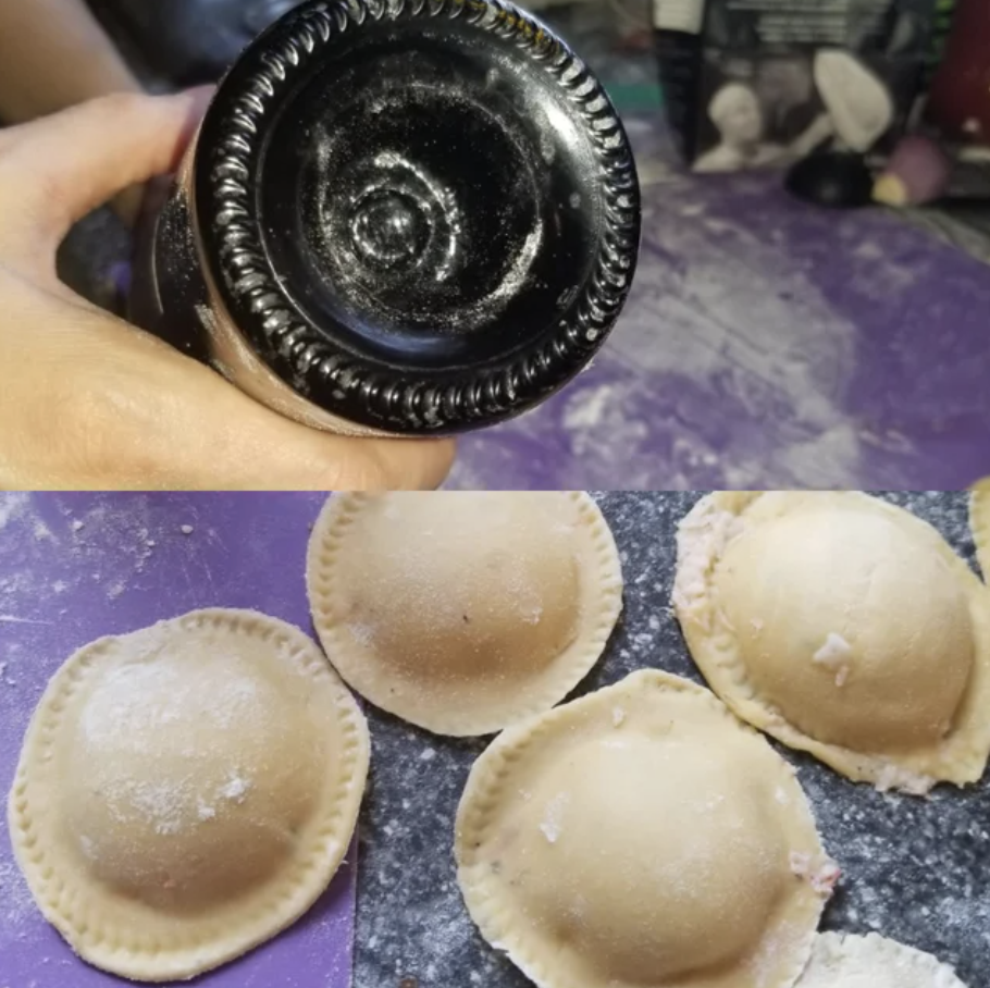 the bottom of a wine bottle and ravioli that's been made with its bottom