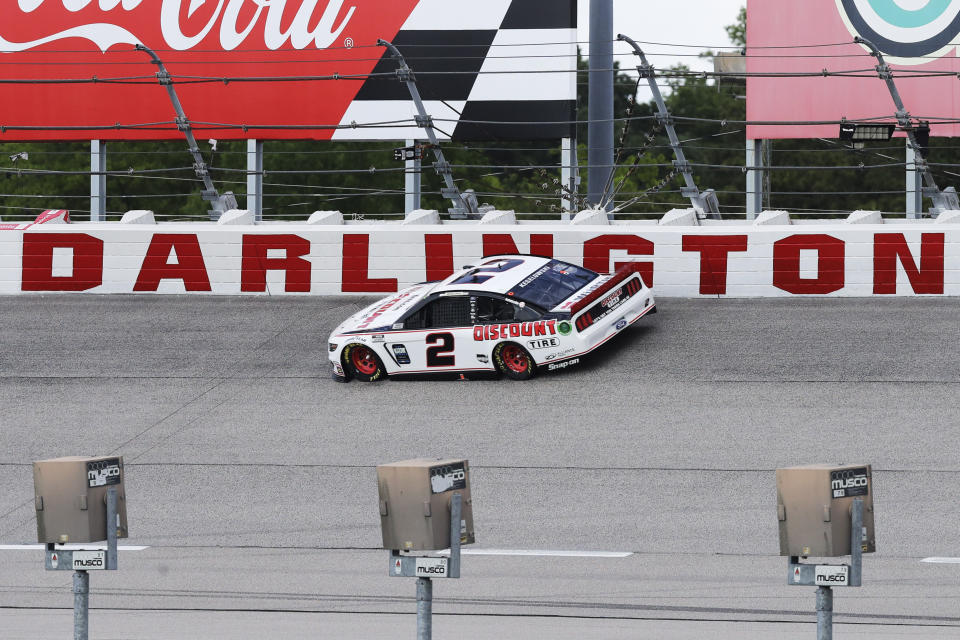 Brad Keselowski (2) competes during the NASCAR Cup Series auto race Sunday, May 17, 2020, in Darlington, S.C. (AP Photo/Brynn Anderson)