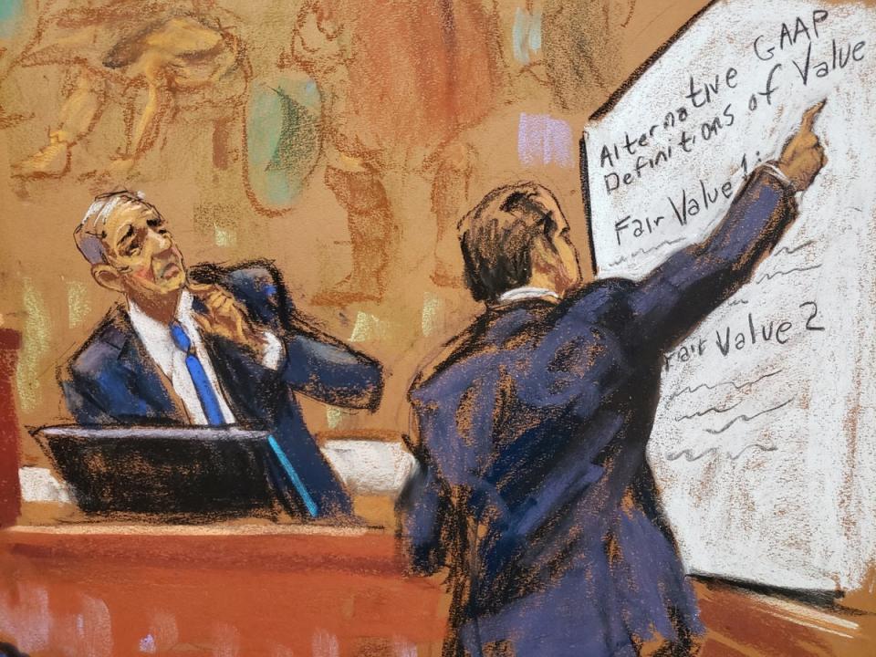 Eli Bartov, left, testifies during Donald Trump’s civil fraud trial in New York under questioning from defence attorney Jesus Suarez on 7 December. (REUTERS)