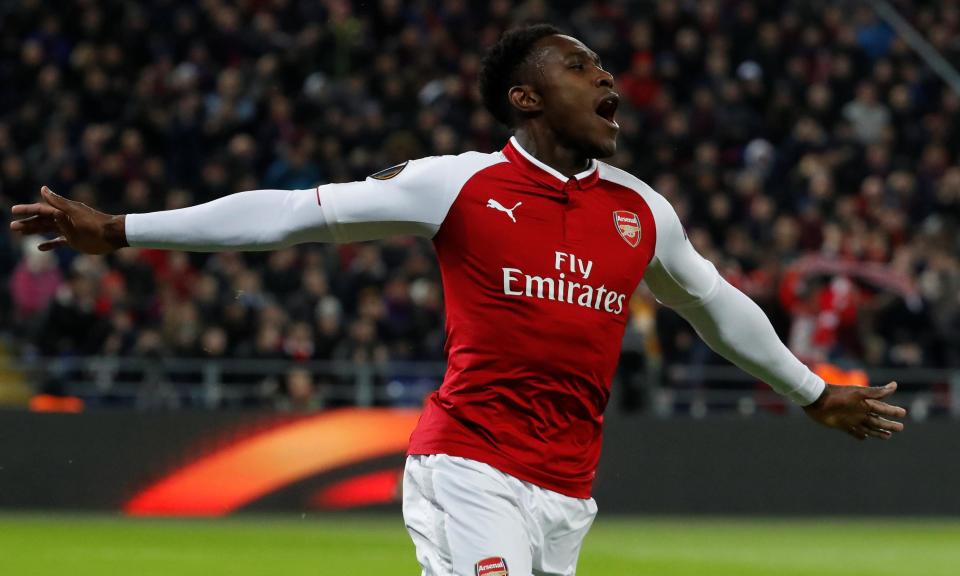 Danny Welbeck celebrates scoring Arsenal’s first goal against CSKA in Moscow.