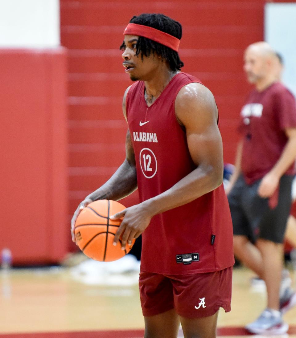 Alabama guard Latrell Wrightsell Jr. (12) shoots a free throw during practice for the Crimson Tide Men’s Basketball team Monday, Sept. 25, 2023.